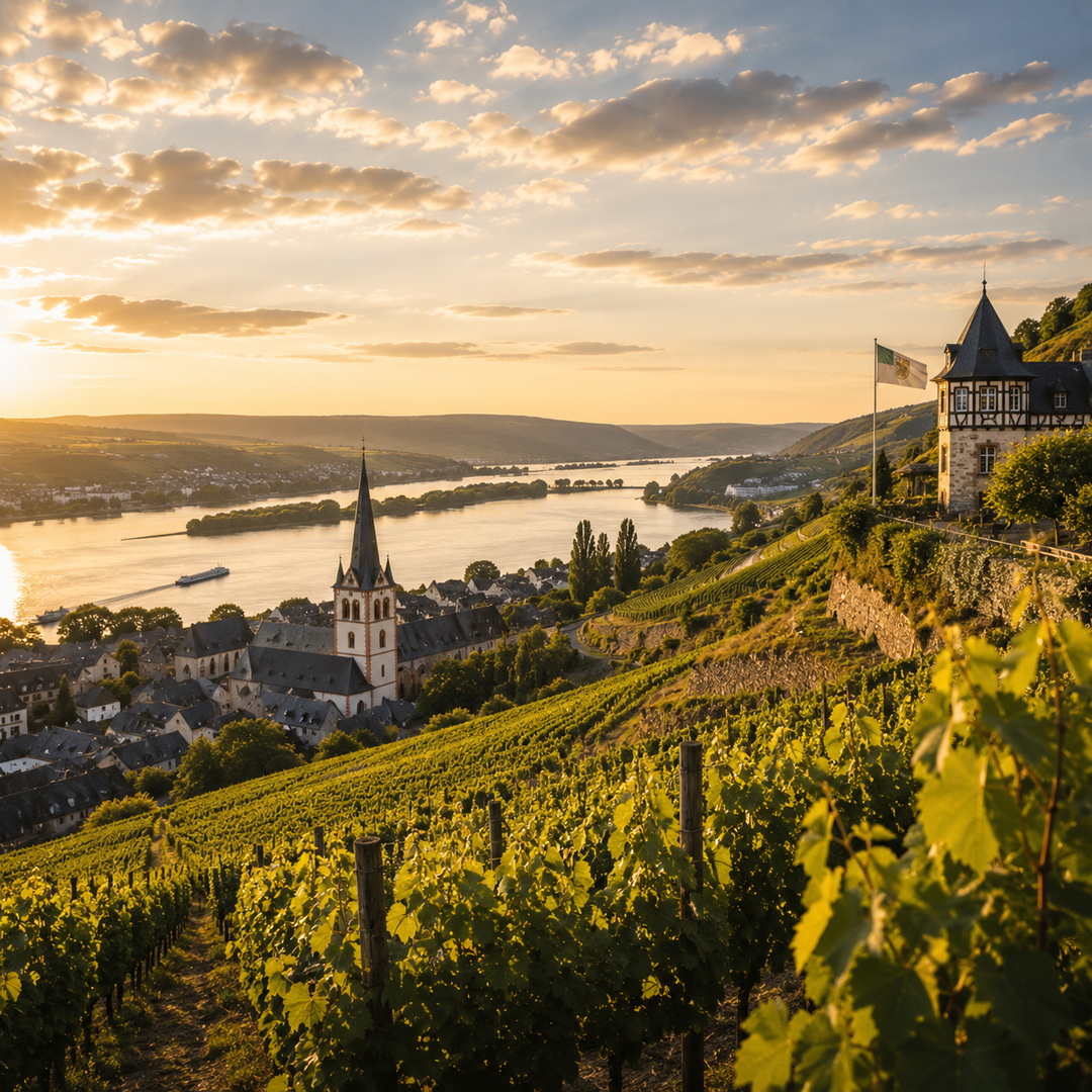 Weinberge bei Rüdesheim am Rhein in der Weinbauregion Rheingau, Deutschland