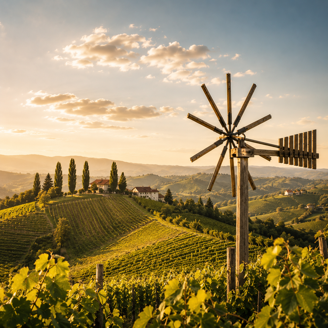 Weingärten in der Südateiermark im Herbst, davor ein Klapptet