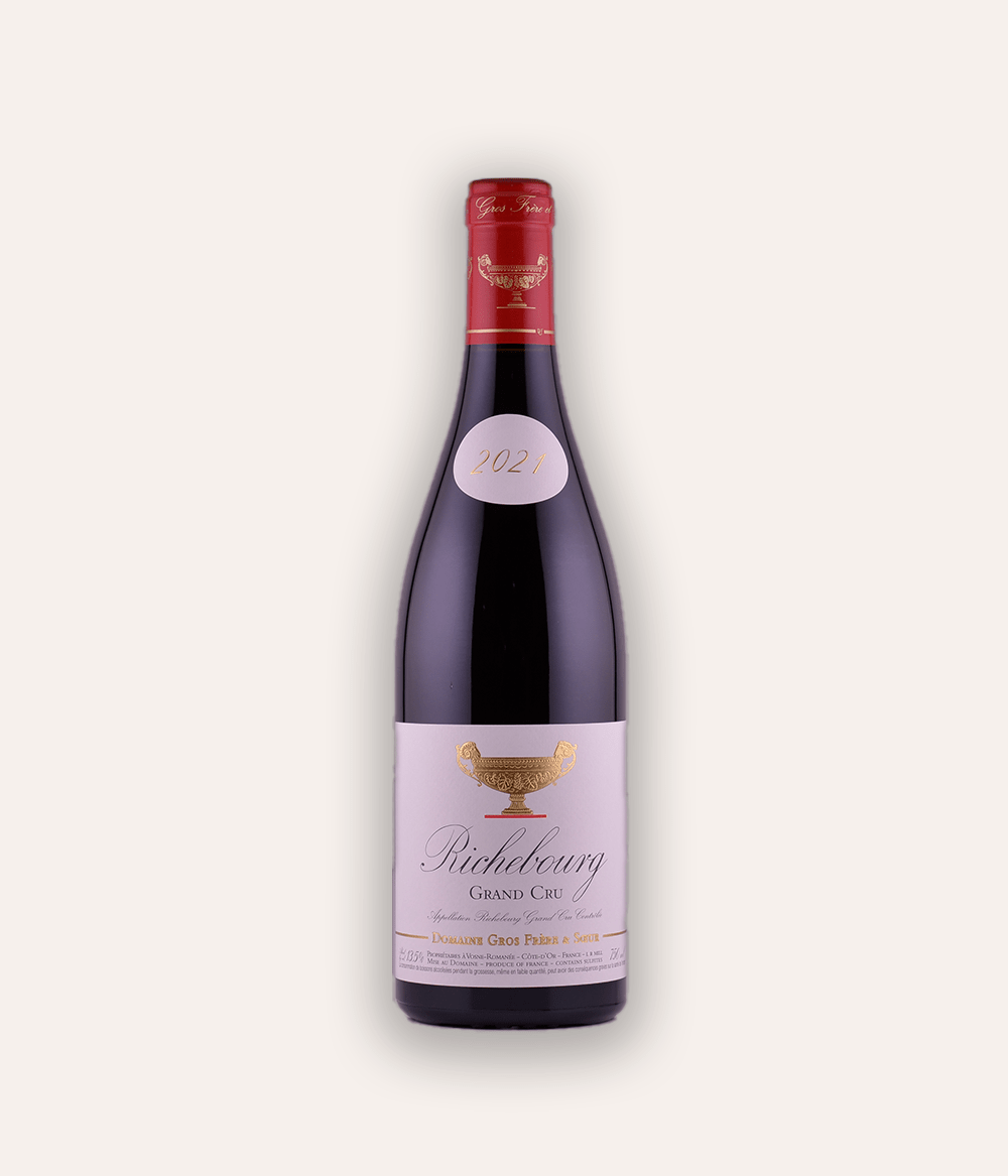 Weinflasche Domaine Gros Frère et Soeur – Richebourg Grand Cru 2021 – Burgunder-Flasche mit lavendelfarbener Kapsel, goldenes Pokal-Emblem, Domaine Gros Frère et Soeur