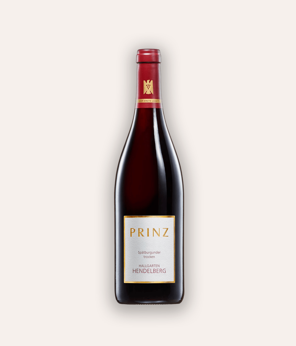 Weinflasche Prinz – Spätburgunder Hallgartener Hendelberg 1G 2020 – Rheingau-Flasche mit blauer VDP-Kapsel, weißes Etikett PRINZ