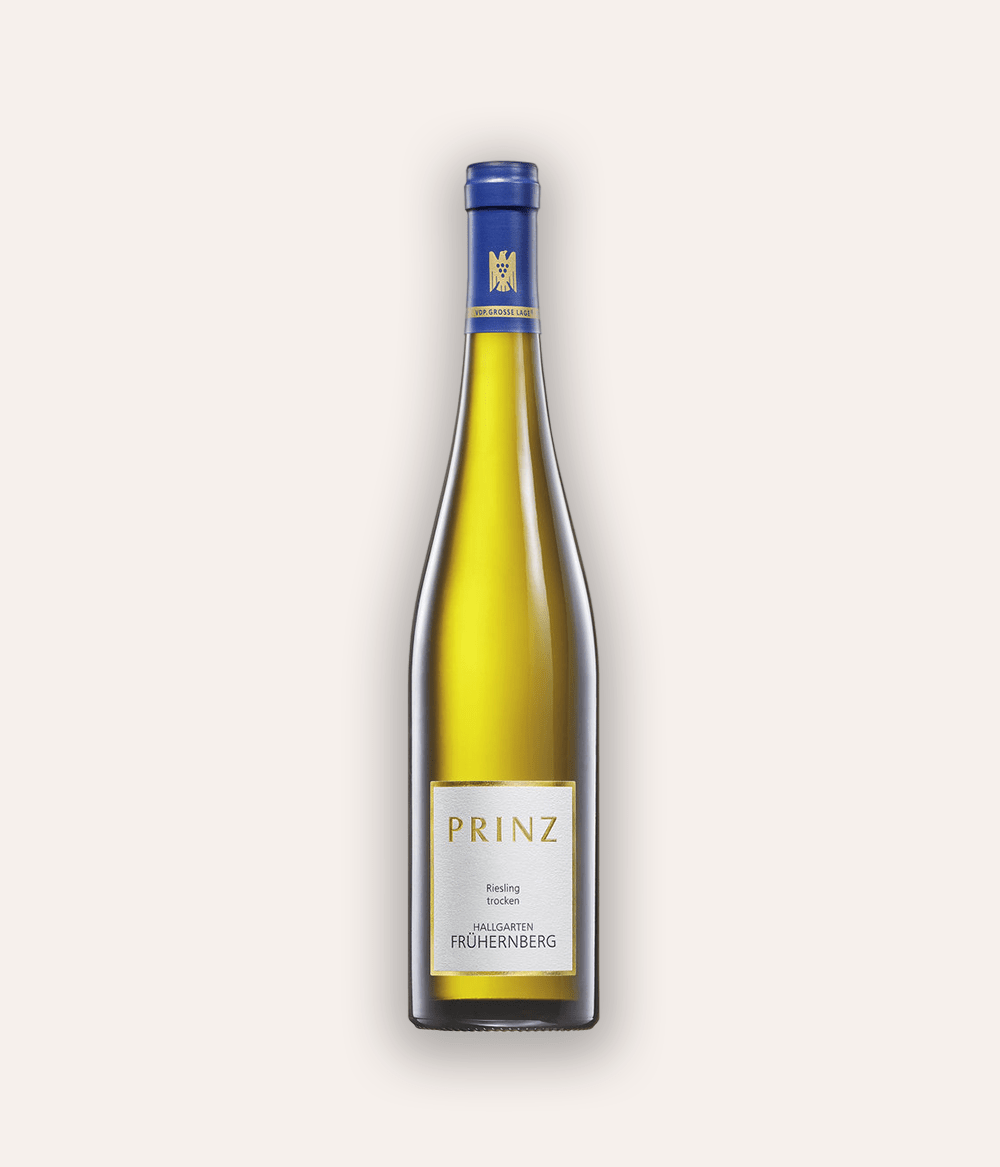 Weinflasche Prinz – Riesling Hallgartener Frühernberg 1G 2022 – Rheingau-Flasche mit blauer VDP-Kapsel, weißes Etikett PRINZ