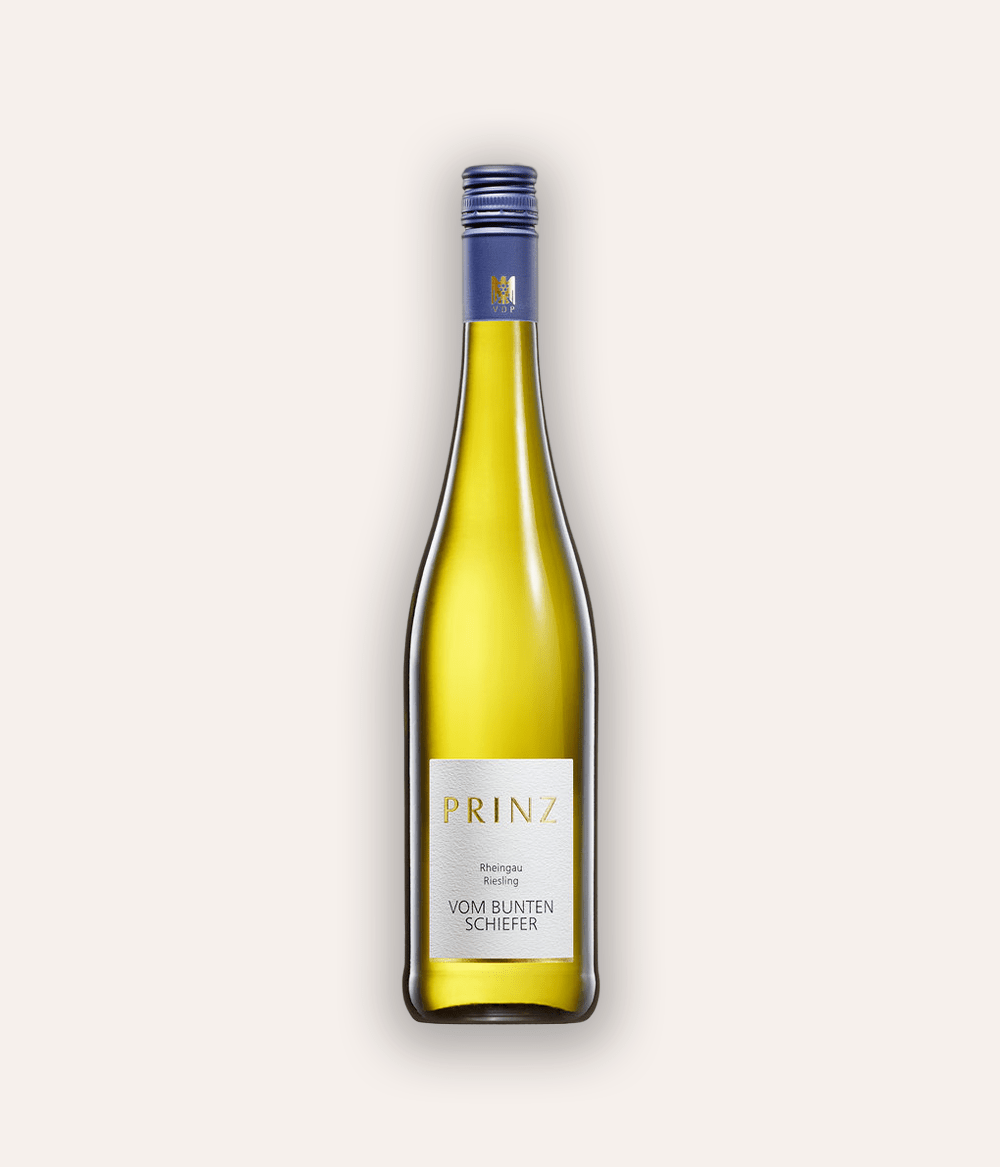 Weinflasche Prinz – Riesling "Vom bunten Schiefer" feinherb VDP.Gutswein 2022 – Rheingau-Flasche mit blauer VDP-Kapsel, weißes Etikett PRINZ