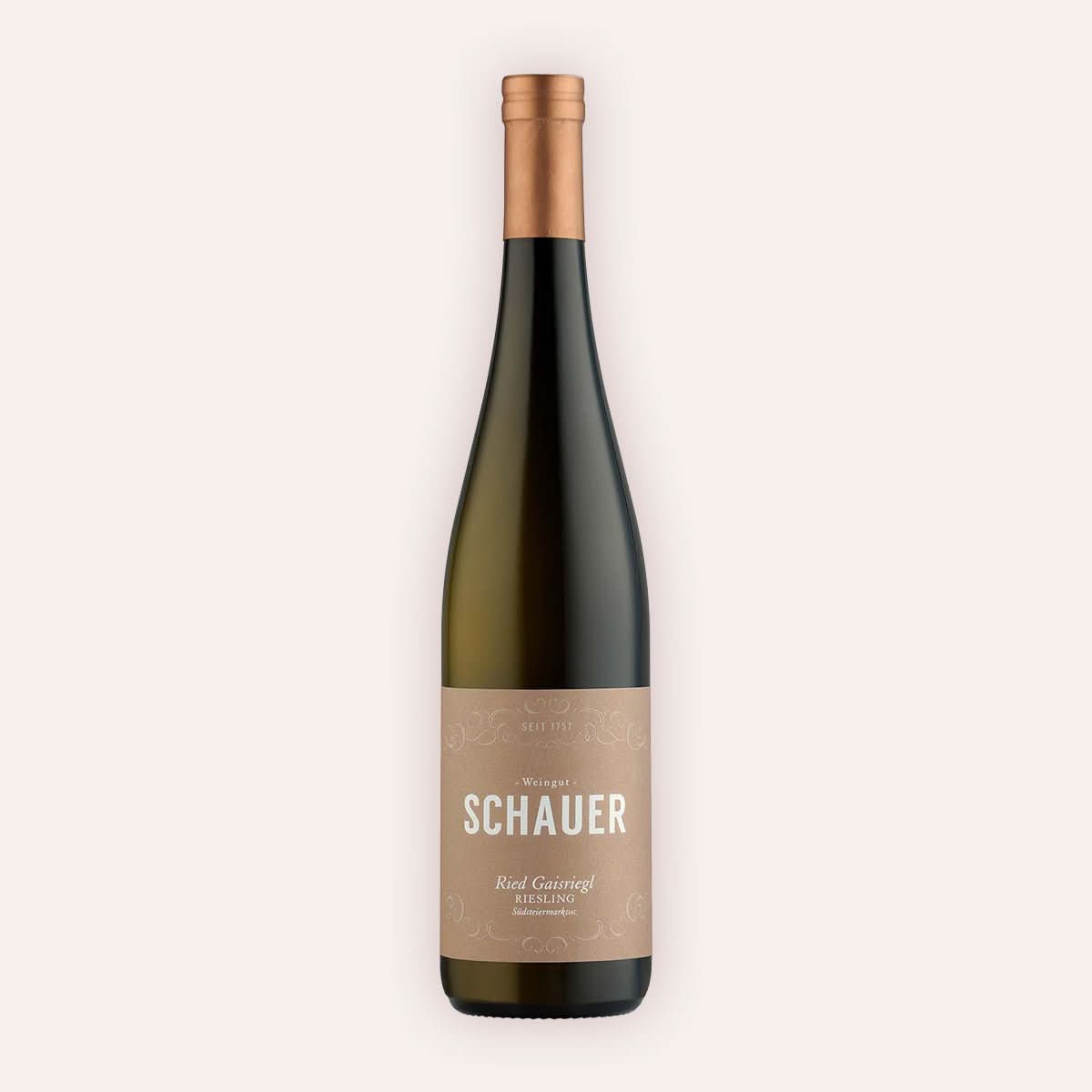 Eine 750 ml Flasche Riesling Ried Gaisriegl Süsteiermark DAC 2022 vom Winzer Schauer aus der Region Steiermark in Österreich.