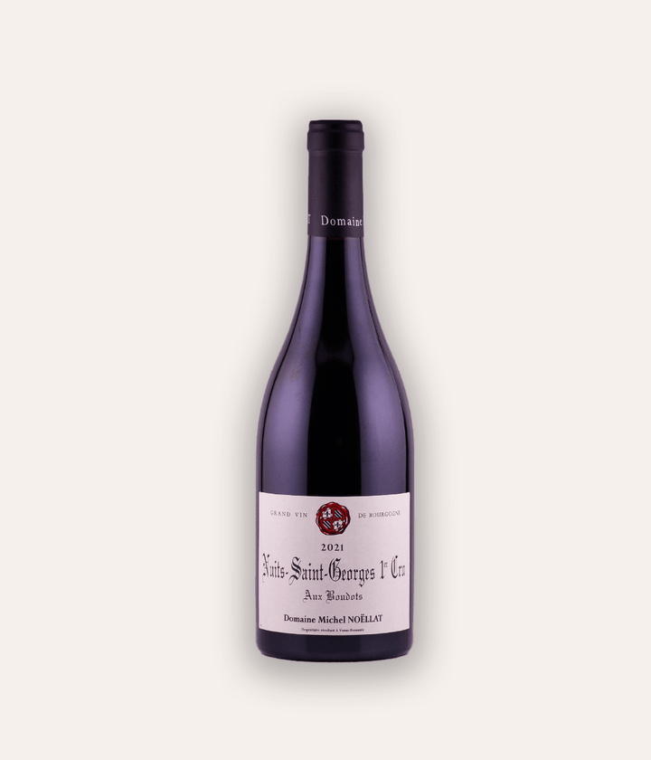 Weinflasche Domaine Michel Noëllat - Aux Boudots Premier Cru 2021 – dunkle Burgunder-Flasche mit navy Kapsel und M-Monogramm, Domaine Michel Noëllat Etikett