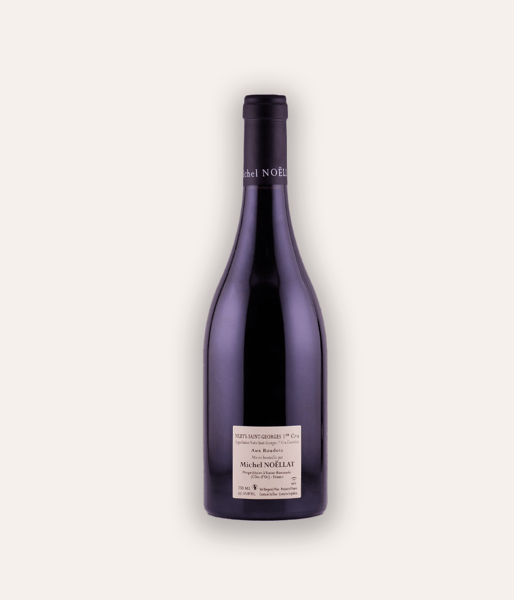 Weinflasche Domaine Michel Noëllat - Aux Boudots Premier Cru 2021 – dunkle Burgunder-Flasche mit navy Kapsel und M-Monogramm, Domaine Michel Noëllat Etikett