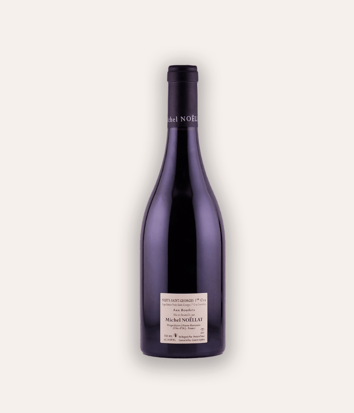 Weinflasche Domaine Michel Noëllat - Aux Boudots Premier Cru 2021 – dunkle Burgunder-Flasche mit navy Kapsel und M-Monogramm, Domaine Michel Noëllat Etikett