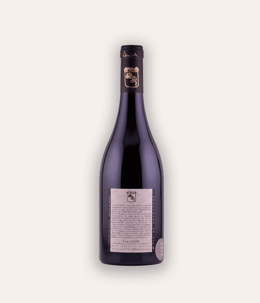 Weinflasche Domaine Fabien Coche – Auxey-Duresses rouge 2021 – Burgunder-Flasche mit dunkler Kapsel, hellrosa Etikett Domaine Fabien Coche