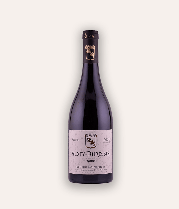Weinflasche Domaine Fabien Coche – Auxey-Duresses rouge 2021 – Burgunder-Flasche mit dunkler Kapsel, hellrosa Etikett Domaine Fabien Coche