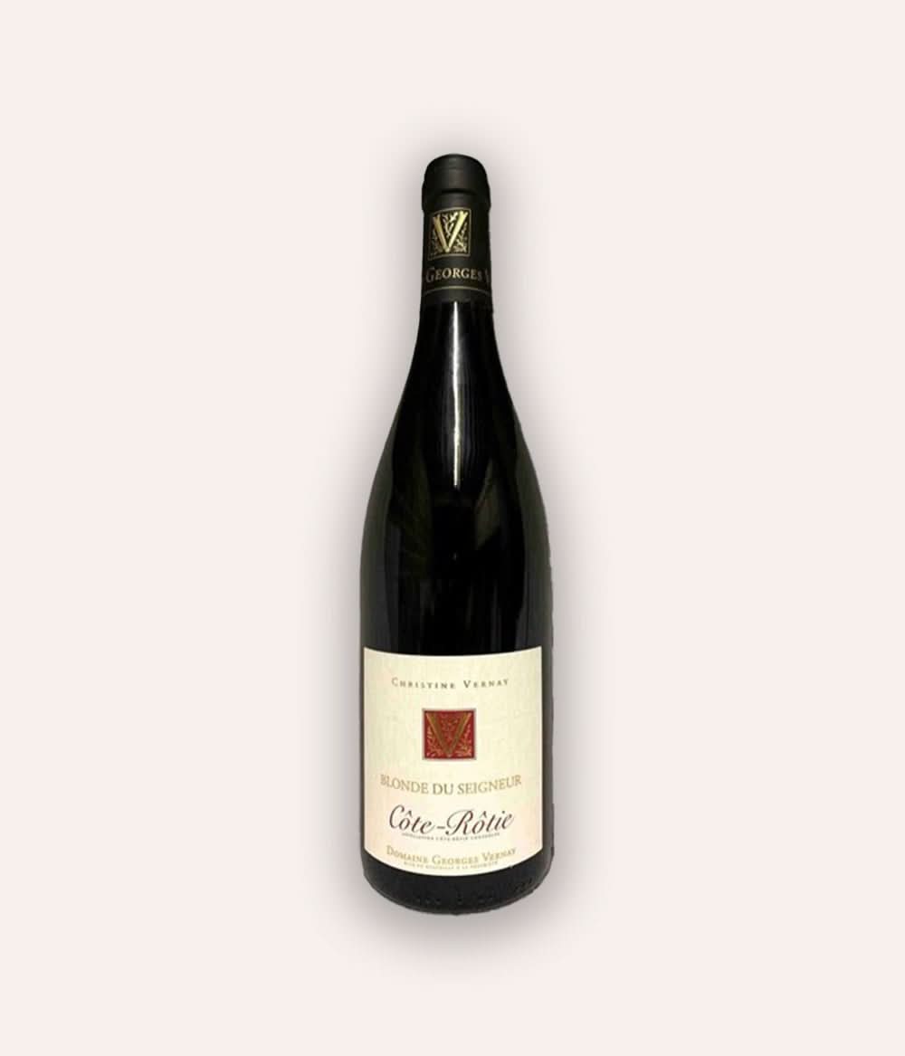 Weinflasche Domaine Georges Vernay – Côte-Rôtie "Blonde du Seigneur" 2021 – olivgrüne Rhône-Flasche, V-Logo-Etikett Vernay
