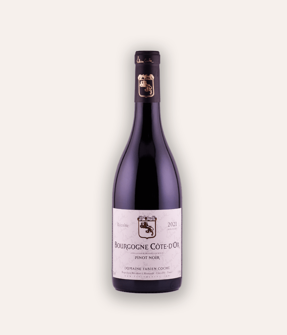 Weinflasche Domaine Fabien Coche – Bourgogne Cote d'Or Pinot Noir 2021 – Burgunder-Flasche mit dunkler Kapsel, hellrosa Etikett Domaine Fabien Coche