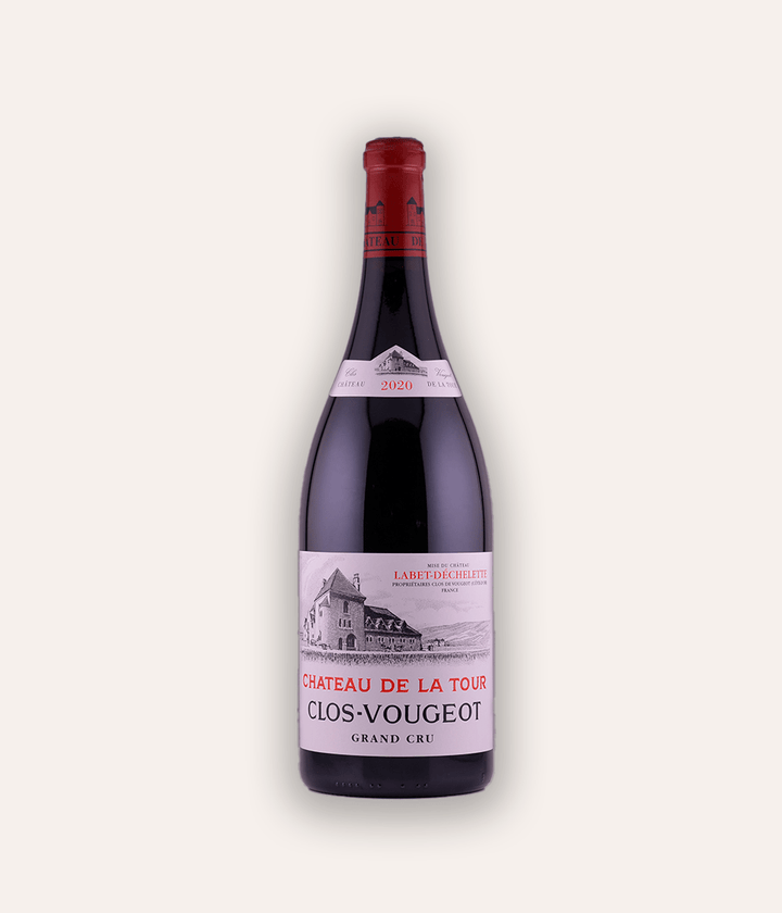 Weinflasche Château de la Tour – Clos-Vougeot Grand Cru MAGNUM 2020 – dunkle Burgunder-Flasche mit roter Kapsel, Château de la Tour Clos-Vougeot Grand Cru Etikett