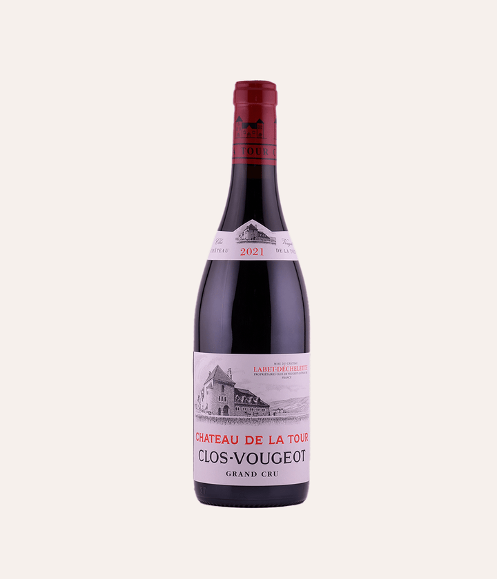 Weinflasche Château de la Tour – Clos-Vougeot Grand Cru 2021 – dunkle Burgunder-Flasche mit roter Kapsel, Château de la Tour Clos-Vougeot Grand Cru Etikett