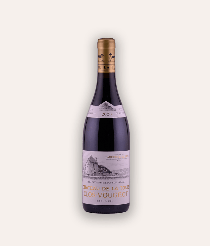 Weinflasche Château de la Tour – Clos-Vougeot V. V. Grand Cru 2020 – dunkle Burgunder-Flasche mit roter Kapsel, Château de la Tour Clos-Vougeot Grand Cru Etikett