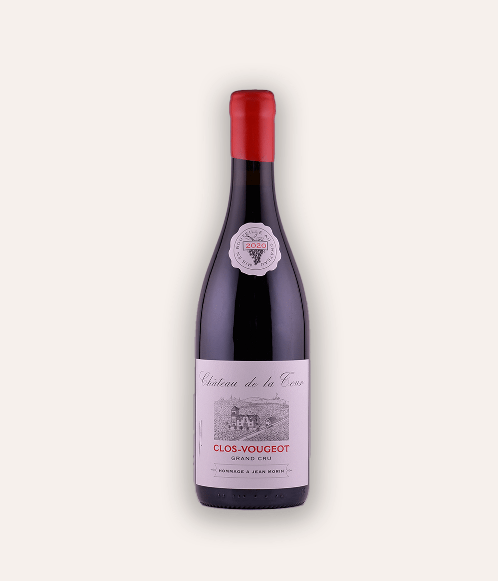 Weinflasche Château de la Tour – Clos-Vougeot Hommage a Jean Morin GC 2020 – dunkle Burgunder-Flasche mit roter Kapsel, Château de la Tour Clos-Vougeot Grand Cru Etikett