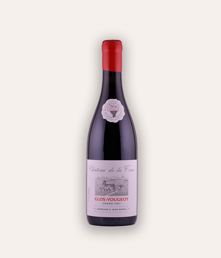 Weinflasche Château de la Tour – Clos-Vougeot Hommage a Jean Morin GC 2020 – dunkle Burgunder-Flasche mit roter Kapsel, Château de la Tour Clos-Vougeot Grand Cru Etikett