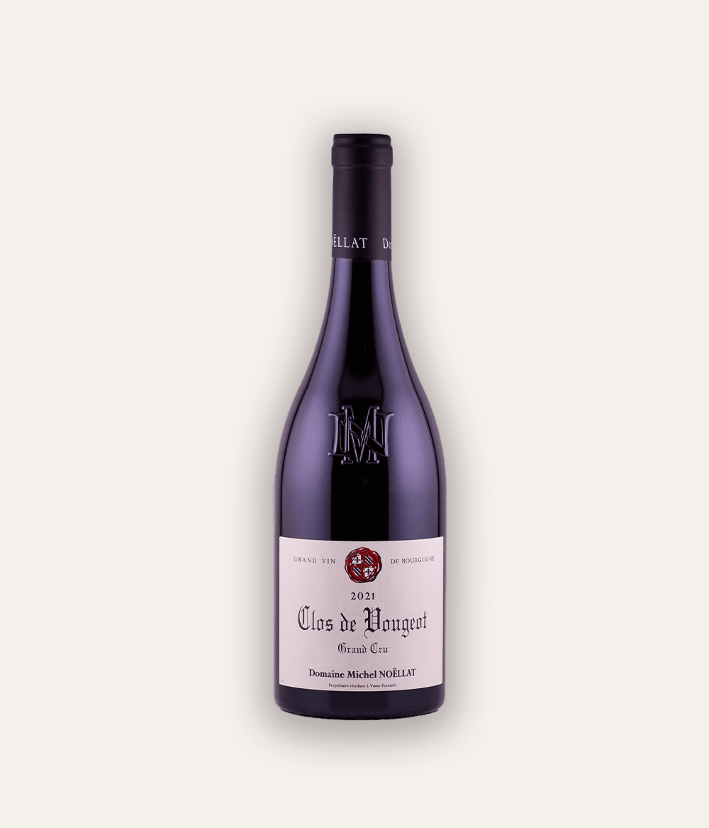 Weinflasche Domaine Michel Noëllat Clos de Vougeot Grand Cru 2021 – dunkle Burgunder-Flasche mit navy Kapsel und M-Monogramm, Domaine Michel Noëllat Etikett