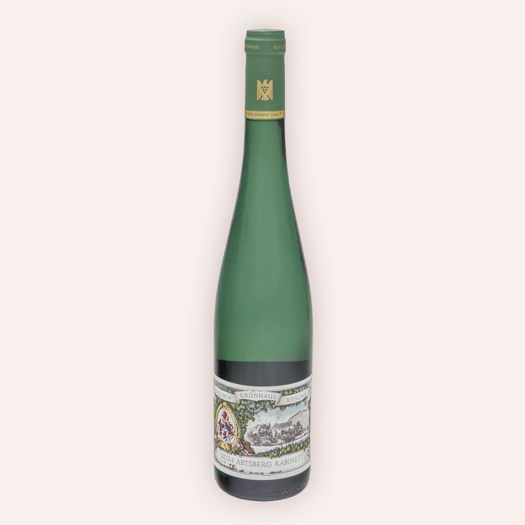 Eine 750 ml Flasche Riesling Kabinett Abtsberg 2024vom Winzer Maximin Grünhaus aus der Mertesdorf in Deutschland.