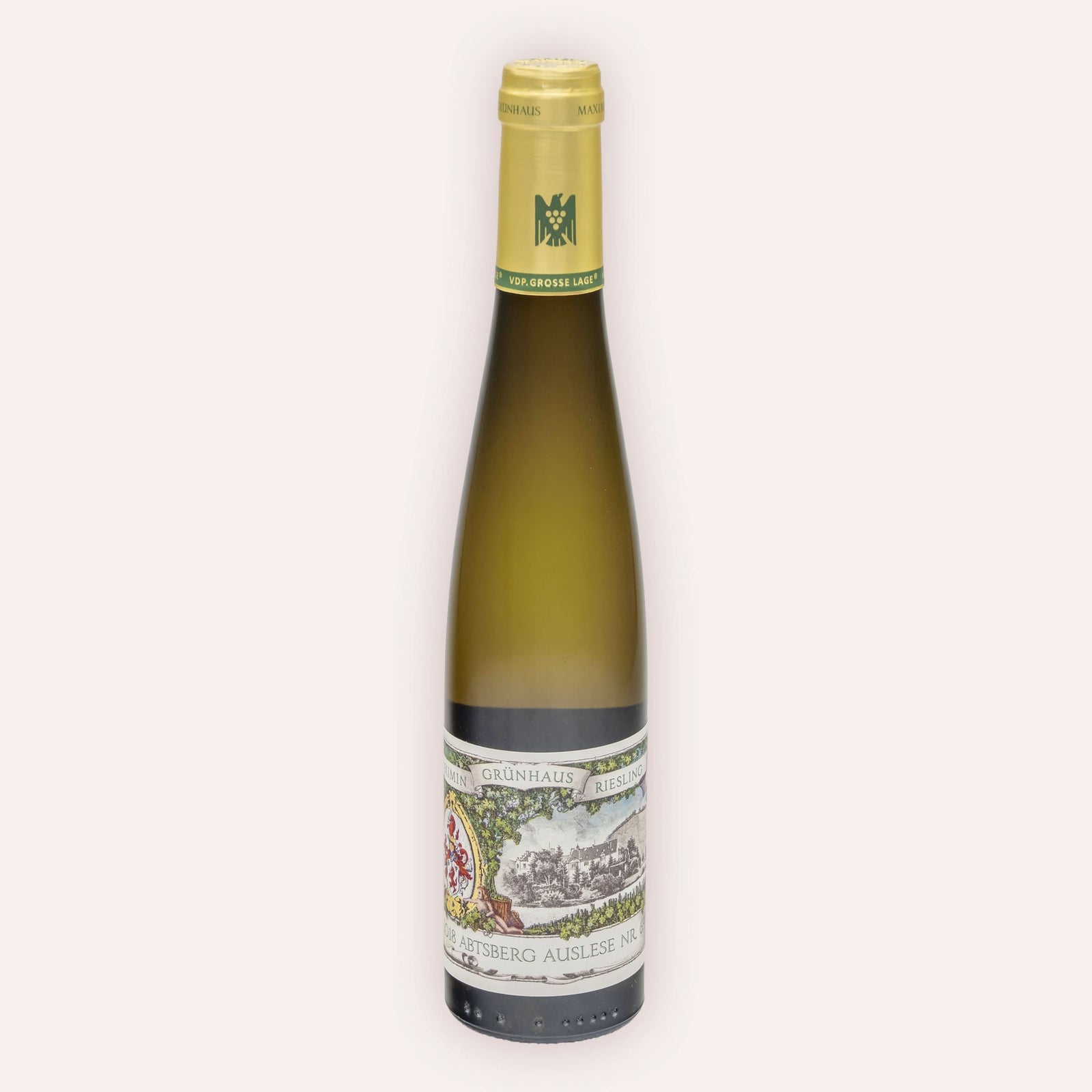 Eine 375 ml Flasche Riesling Abtsberg Auslese Nr. 69 Schlosskeller-Reserve 2018 Halbflaschevom Winzer Maximin Grünhaus aus der Mertesdorf in Deutschland.