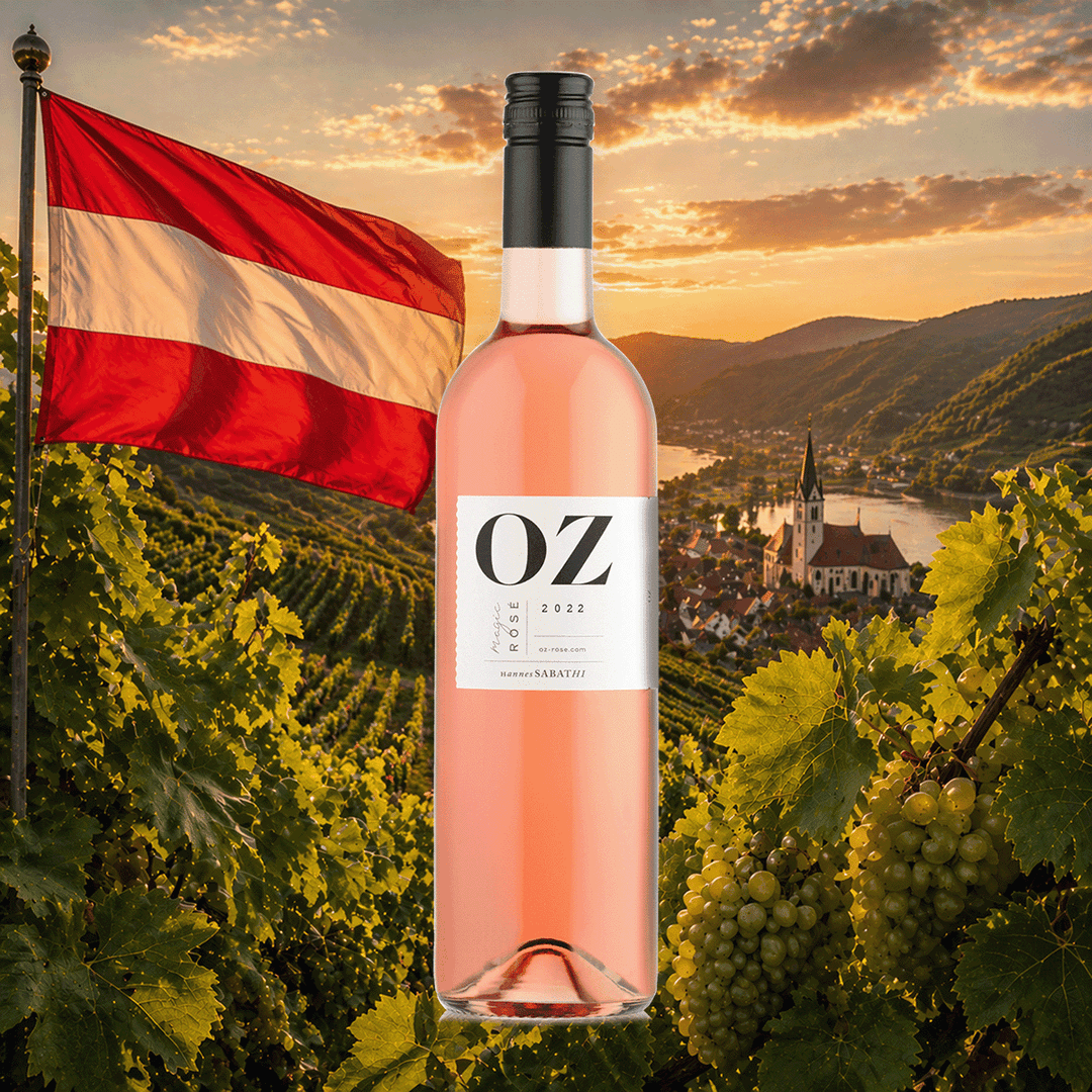 Weinflasche Hannes Sabathi OZ Magic Rosé 2022 – klare Glasflasche mit rosafarbenem Inhalt und schwarzer Kapsel, weißes Etikett mit großem OZ-Schriftzug und Aufschrift Rosé 2022 Hannes Sabathi; Hintergrund zeigt österreichische Flagge und Weinberge