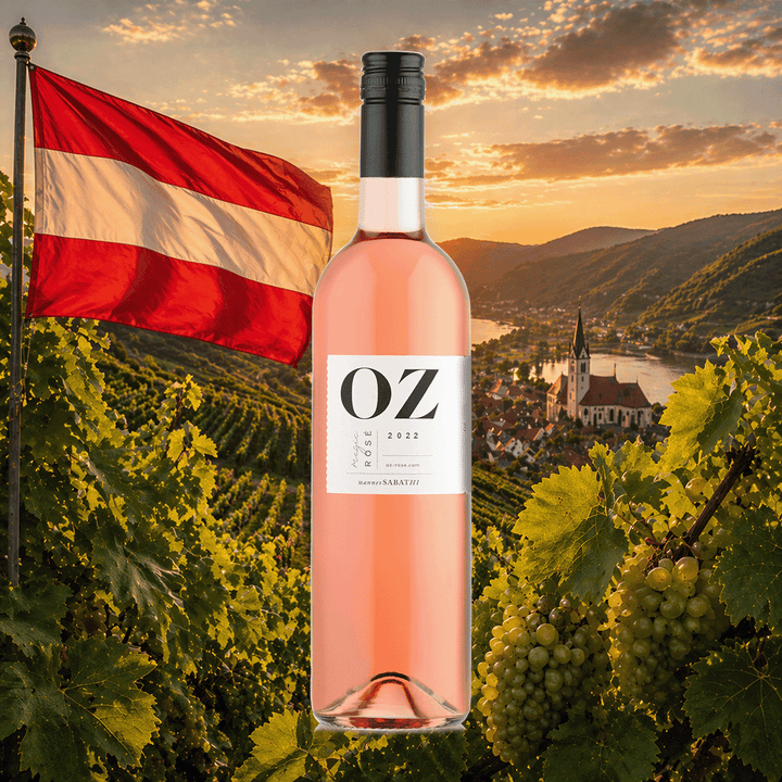 Weinflasche Hannes Sabathi OZ Magic Rosé 2022 – klare Glasflasche mit rosafarbenem Inhalt und schwarzer Kapsel, weißes Etikett mit großem OZ-Schriftzug und Aufschrift Rosé 2022 Hannes Sabathi; Hintergrund zeigt österreichische Flagge und Weinberge