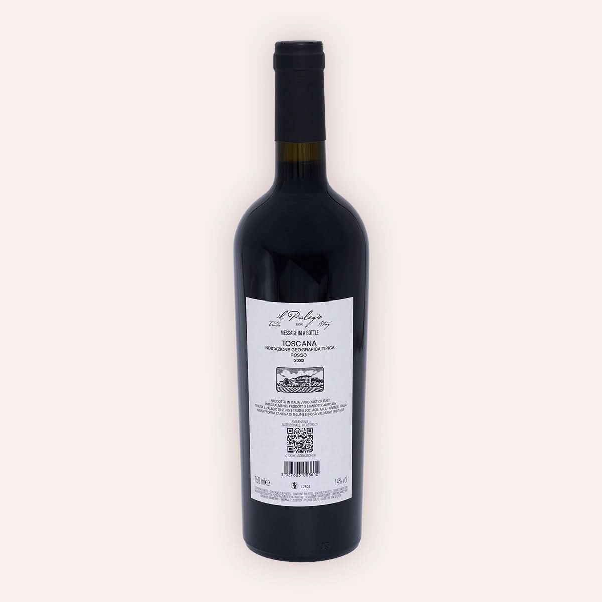 Rückseite der Weinflasche Tenuta Il Palagio | Sting – "Message in a Bottle" Rosso Toscana IGT 2022 – dunkle Flasche mit schwarzer Kapsel, graues Etikett mit Weinname und Il Palagio Aufschrift, Vino Biologico