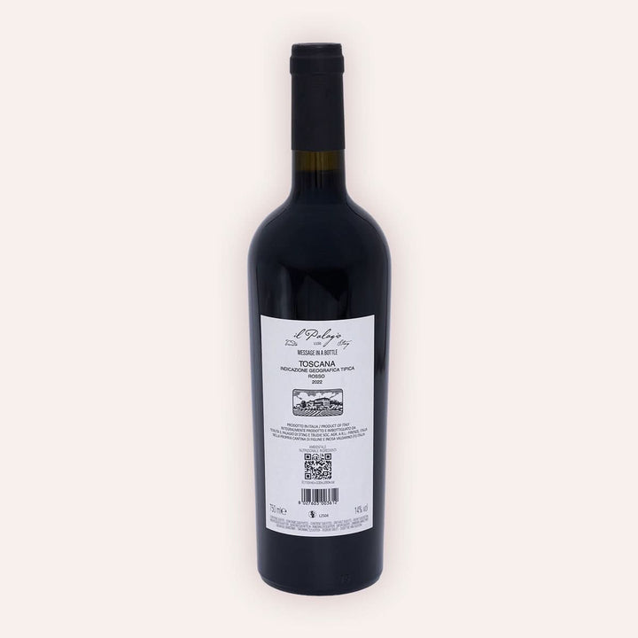 Rückseite der Weinflasche Tenuta Il Palagio | Sting – "Message in a Bottle" Rosso Toscana IGT 2022 – dunkle Flasche mit schwarzer Kapsel, graues Etikett mit Weinname und Il Palagio Aufschrift, Vino Biologico
