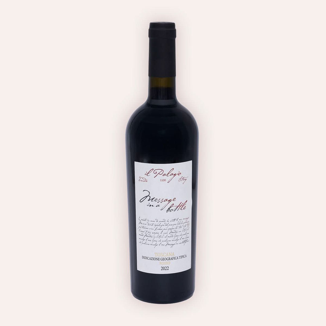 Weinflasche Tenuta Il Palagio | Sting – "Message in a Bottle" Rosso Toscana IGT 2022 – dunkle Flasche mit schwarzer Kapsel, graues Etikett mit Weinname und Il Palagio Aufschrift, Vino Biologico