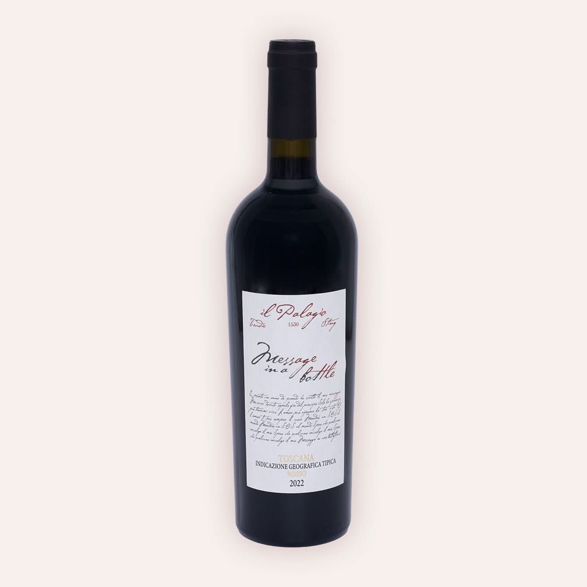 Weinflasche Tenuta Il Palagio | Sting – "Message in a Bottle" Rosso Toscana IGT 2022 – dunkle Flasche mit schwarzer Kapsel, graues Etikett mit Weinname und Il Palagio Aufschrift, Vino Biologico