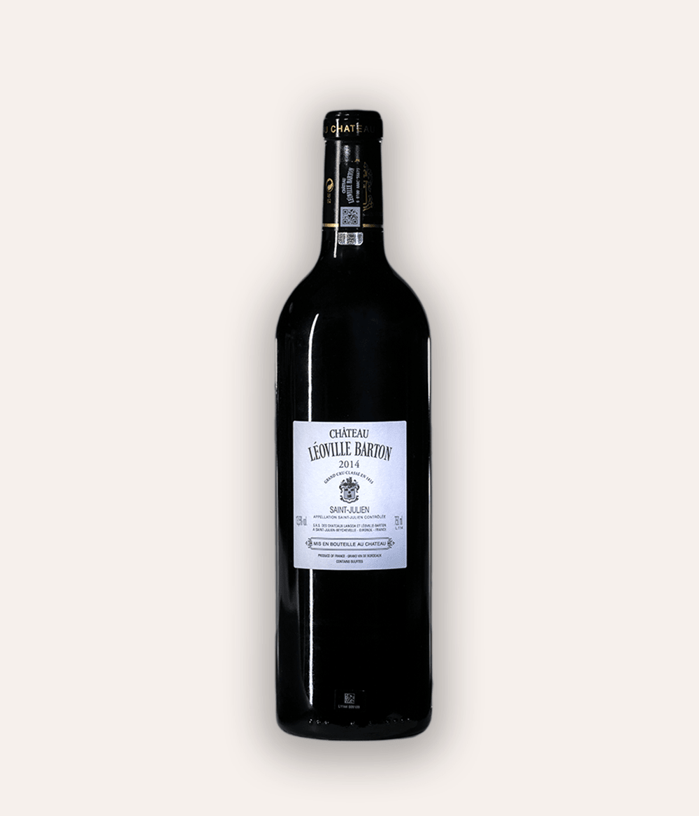 Rückseite der Weinflasche Château Léoville-Barton 2014 – dunkle Bordeaux-Flasche mit roter Kapsel, Château Léoville-Barton Saint-Julien Etikett