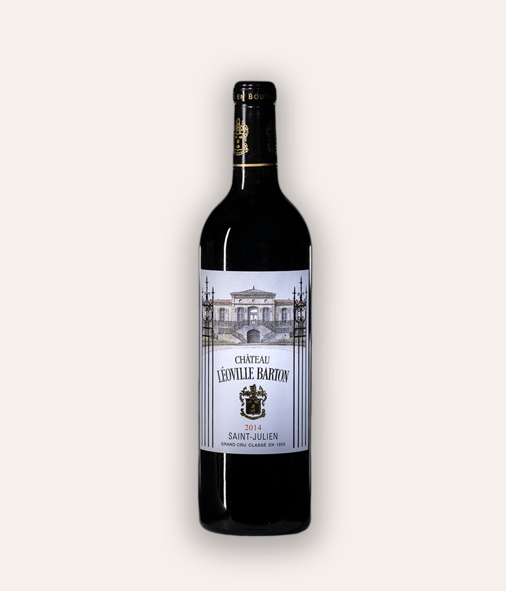 Weinflasche Château Léoville-Barton 2014 – dunkle Bordeaux-Flasche mit roter Kapsel, Château Léoville-Barton Saint-Julien Etikett
