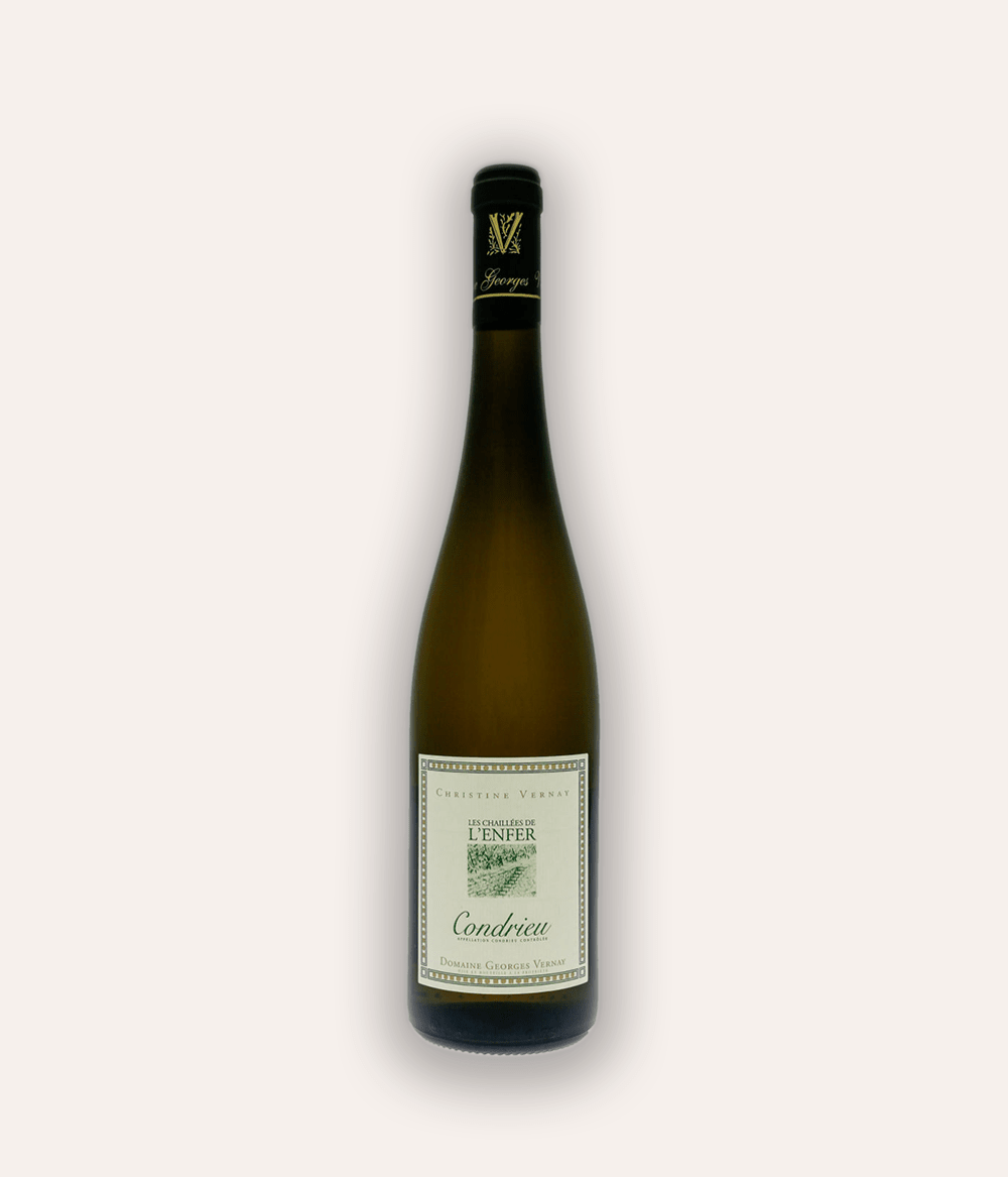 Weinflasche Domaine Georges Vernay – Condrieu "Les Chaillées de l’Enfer" 2020 – olivgrüne Rhône-Flasche mit schwarzer Kapsel und goldenem V-Emblem, weißes Etikett mit blau-goldenem V-Logo