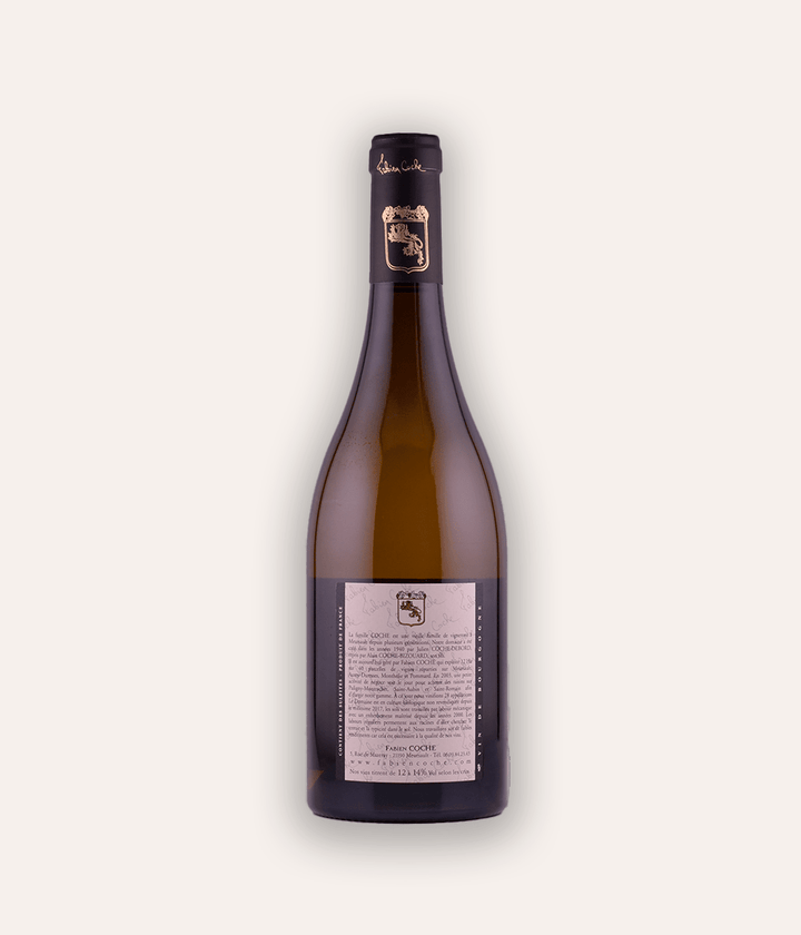 Weinflasche Domaine Fabien Coche – Monthelie 1er Cru "Les Duresses" 2021 – Burgunder-Flasche mit dunkler Kapsel, hellrosa Etikett Domaine Fabien Coche