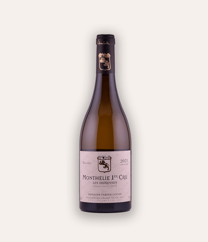 Weinflasche Domaine Fabien Coche – Monthelie 1er Cru "Les Duresses" 2021 – Burgunder-Flasche mit dunkler Kapsel, hellrosa Etikett Domaine Fabien Coche