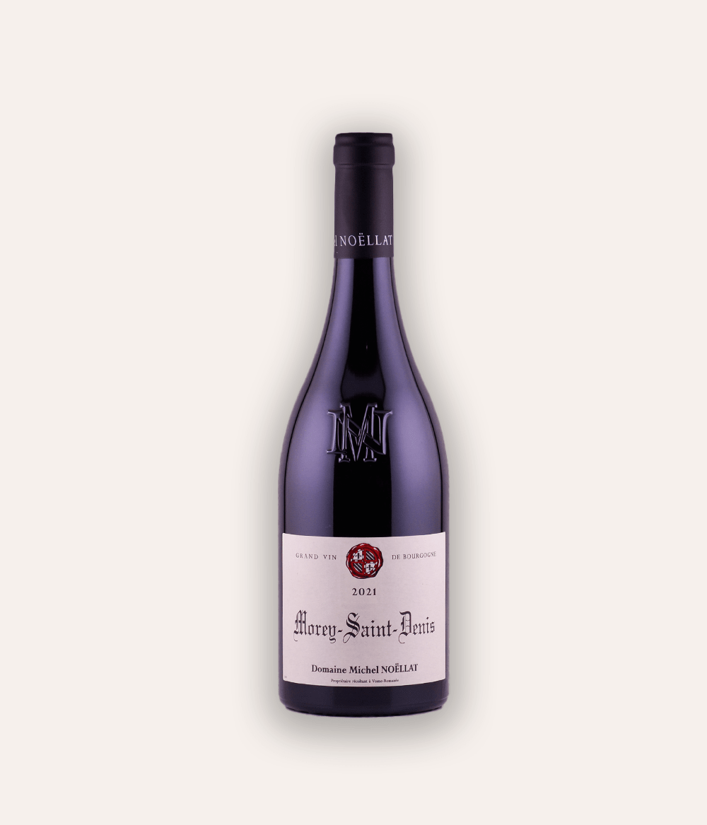 Weinflasche Domaine Michel Noëllat - Morey-Saint-Denis AC 2021 – dunkle Burgunder-Flasche mit navy Kapsel und M-Monogramm, Domaine Michel Noëllat Etikett