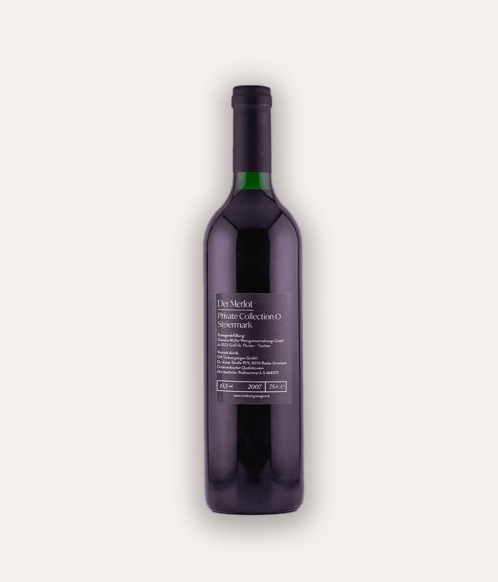Weinflasche Trinkvergnügen Privatkollektion Steiermark – Merlot 2007 – österreichische Privatkollektion Flasche mit weinroter Schraubkapsel, goldenes ornamentales Etikett