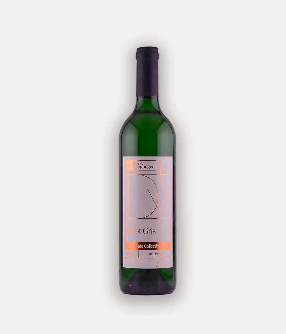 Weinflasche Trinkvergnügen Privatkollektion Steiermark – Pinot Gris Reserve 1997 – österreichische Privatkollektion Flasche mit weinroter Schraubkapsel, goldenes ornamentales Etikett