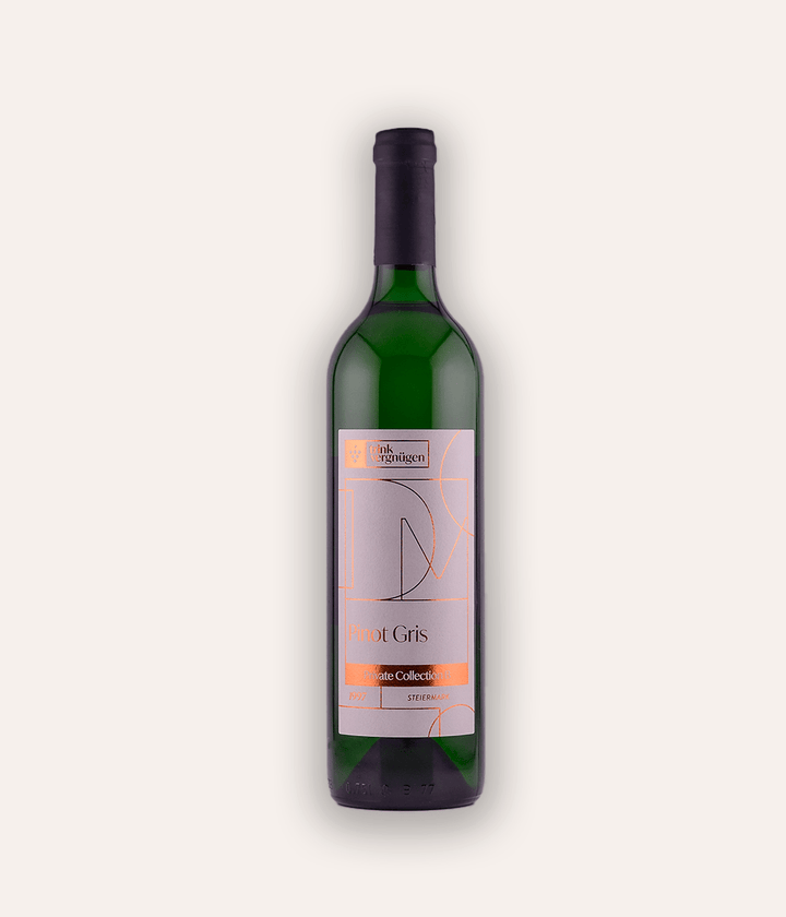 Weinflasche Trinkvergnügen Privatkollektion Steiermark – Pinot Gris Reserve 1997 – österreichische Privatkollektion Flasche mit weinroter Schraubkapsel, goldenes ornamentales Etikett