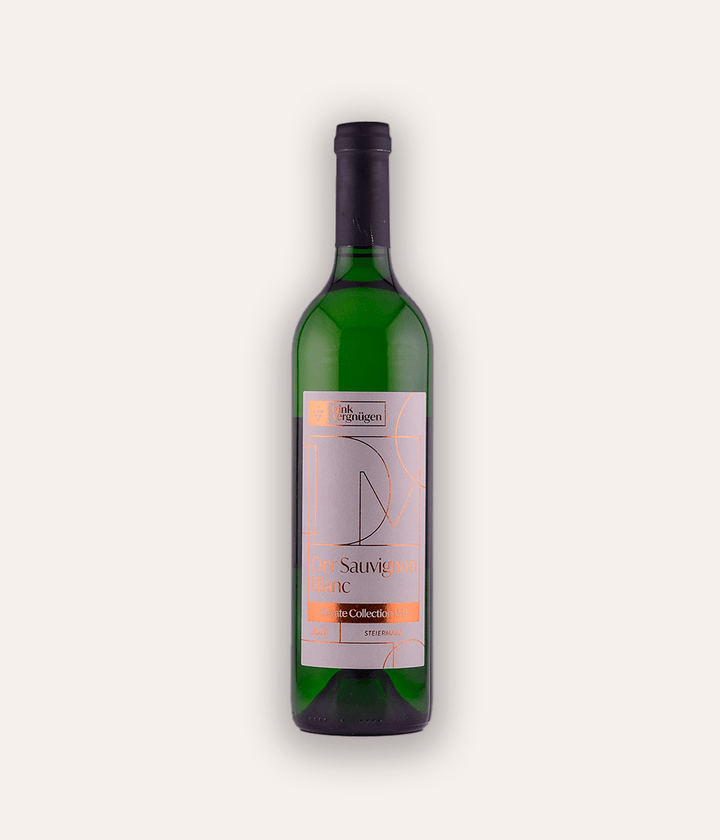 Weinflasche Trinkvergnügen Privatkollektion Steiermark – Der Sauvignon Blanc 2012 – österreichische Privatkollektion Flasche mit weinroter Schraubkapsel, goldenes ornamentales Etikett