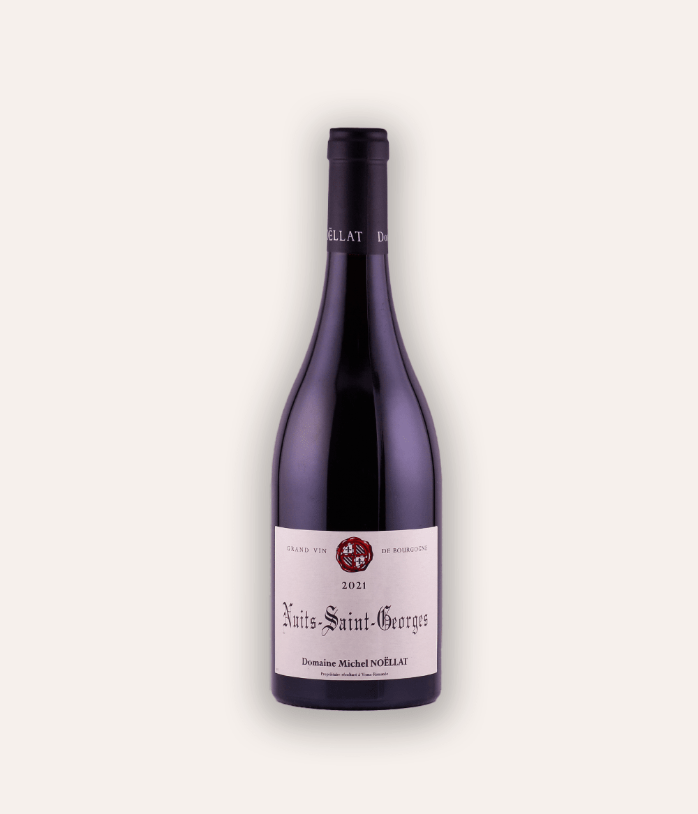 Weinflasche Domaine Michel Noëllat - Nuits-Saint-Georges AC 2021 – dunkle Burgunder-Flasche mit navy Kapsel und M-Monogramm, Domaine Michel Noëllat Etikett