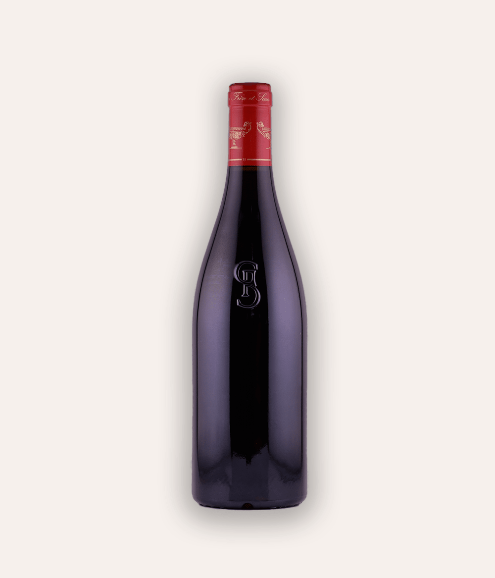 Weinflasche Domaine Gros Frère et Soeur – Pinot Noir 2021 – Burgunder-Flasche mit lavendelfarbener Kapsel, goldenes Pokal-Emblem, Domaine Gros Frère et Soeur