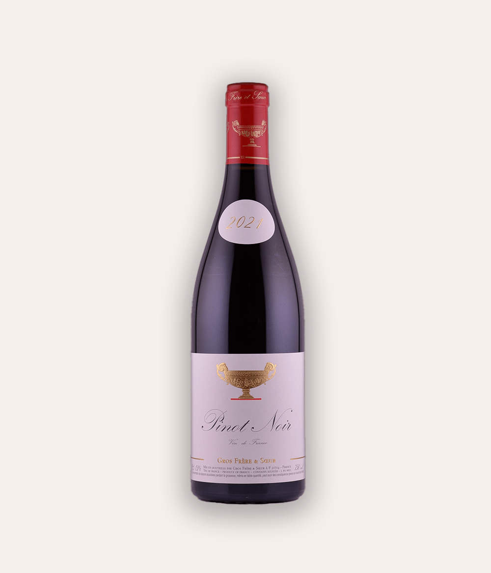 Weinflasche Domaine Gros Frère et Soeur – Pinot Noir 2021 – Burgunder-Flasche mit lavendelfarbener Kapsel, goldenes Pokal-Emblem, Domaine Gros Frère et Soeur