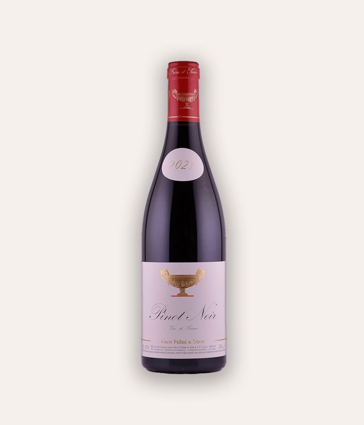 Weinflasche Domaine Gros Frère et Soeur – Pinot Noir 2021 – Burgunder-Flasche mit lavendelfarbener Kapsel, goldenes Pokal-Emblem, Domaine Gros Frère et Soeur