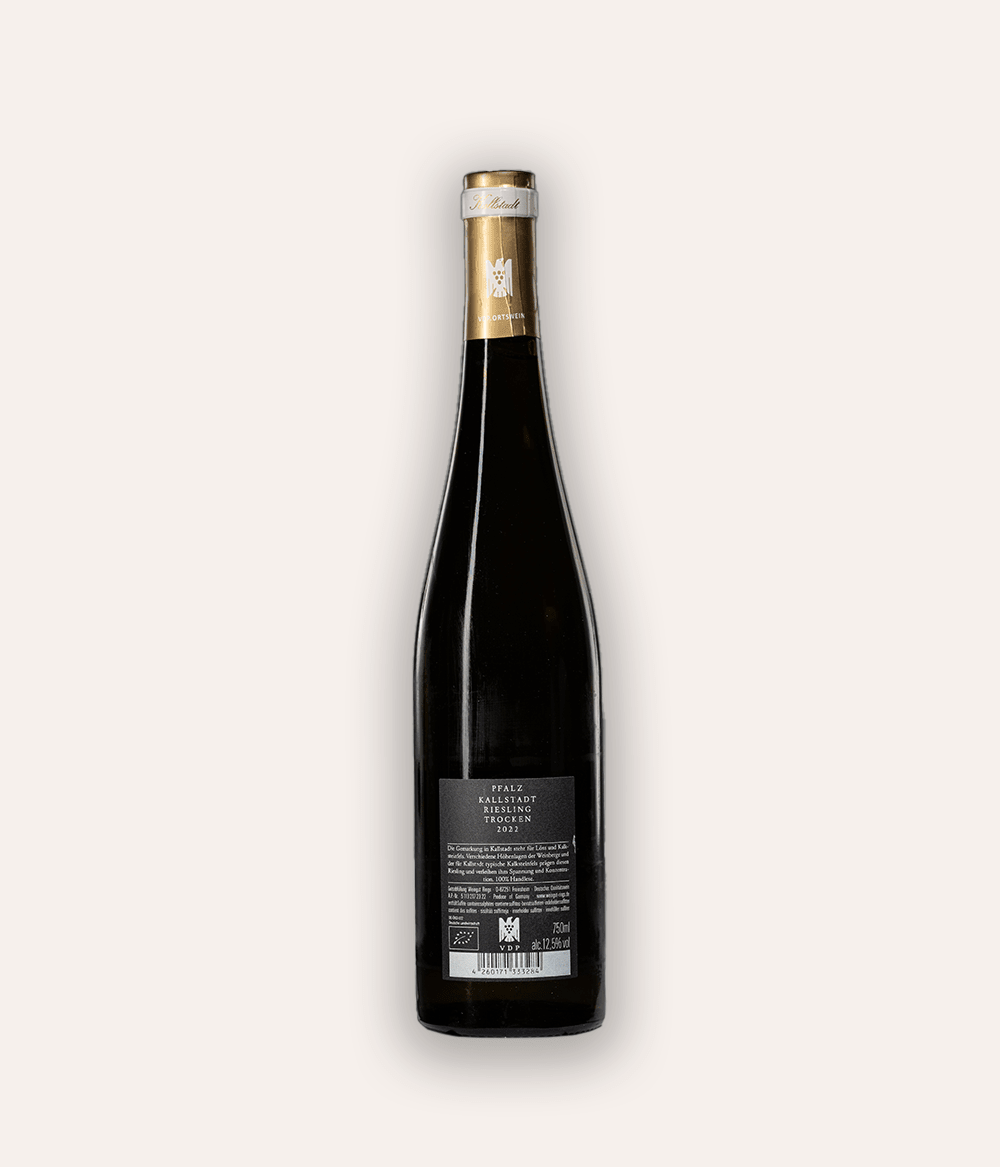 Weinflasche Rings – Riesling Kallstadt VDP.Ortswein 2022 – Pfalz-Flasche mit goldener VDP-Schraubkapsel, dunkles Rücketikett mit Pfalz und Weinsorte, Bio-zertifiziert