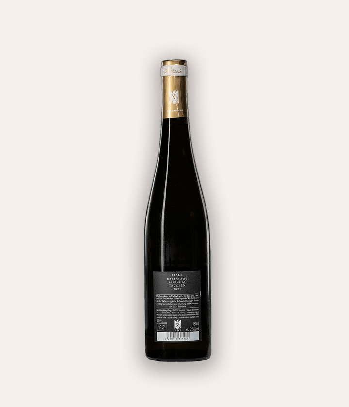 Weinflasche Rings – Riesling Kallstadt VDP.Ortswein 2022 – Pfalz-Flasche mit goldener VDP-Schraubkapsel, dunkles Rücketikett mit Pfalz und Weinsorte, Bio-zertifiziert