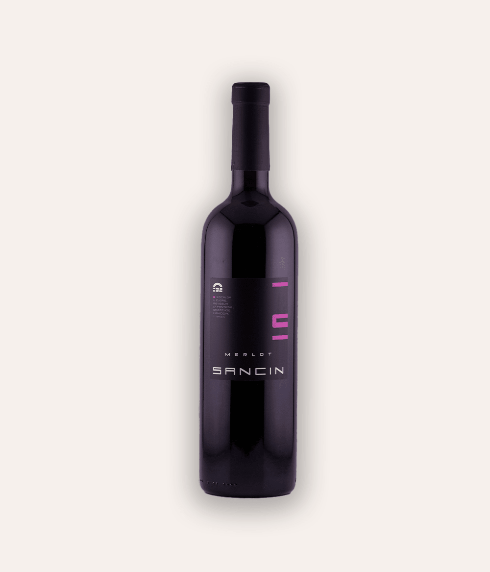 Weinflasche Sancin – IGT Merlot 2020 – dunkle Flasche mit schwarzer Kapsel, dunkles Etikett mit SANCIN Aufschrift