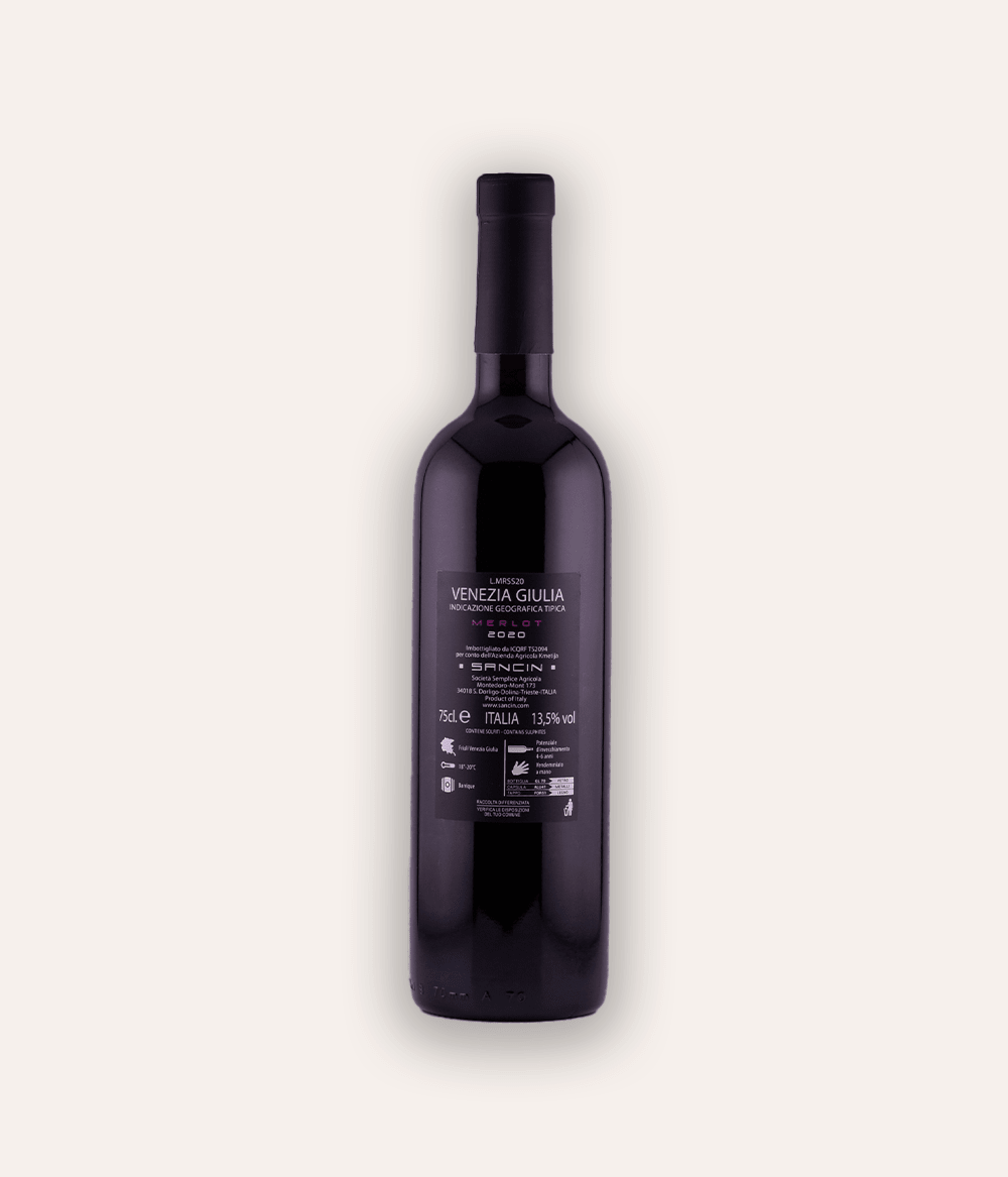 Weinflasche Sancin – IGT Merlot 2020 – dunkle Flasche mit schwarzer Kapsel, dunkles Etikett mit SANCIN Aufschrift