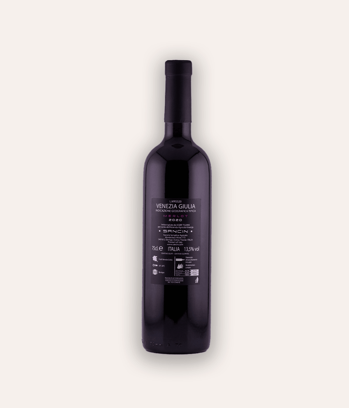 Weinflasche Sancin – IGT Merlot 2020 – dunkle Flasche mit schwarzer Kapsel, dunkles Etikett mit SANCIN Aufschrift