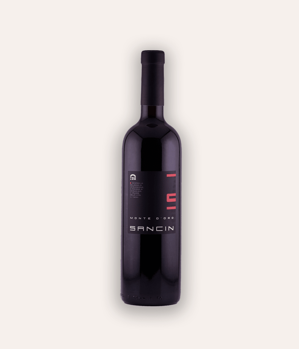 Weinflasche Sancin – Monte d'Oro 2020 – dunkle Flasche mit schwarzer Kapsel, dunkles Etikett mit SANCIN Aufschrift