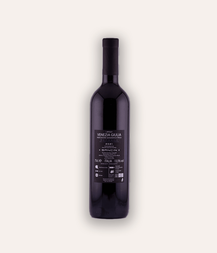 Weinflasche Sancin – IGT Refosco 2021 – dunkle Flasche mit schwarzer Kapsel, dunkles Etikett mit SANCIN Aufschrift