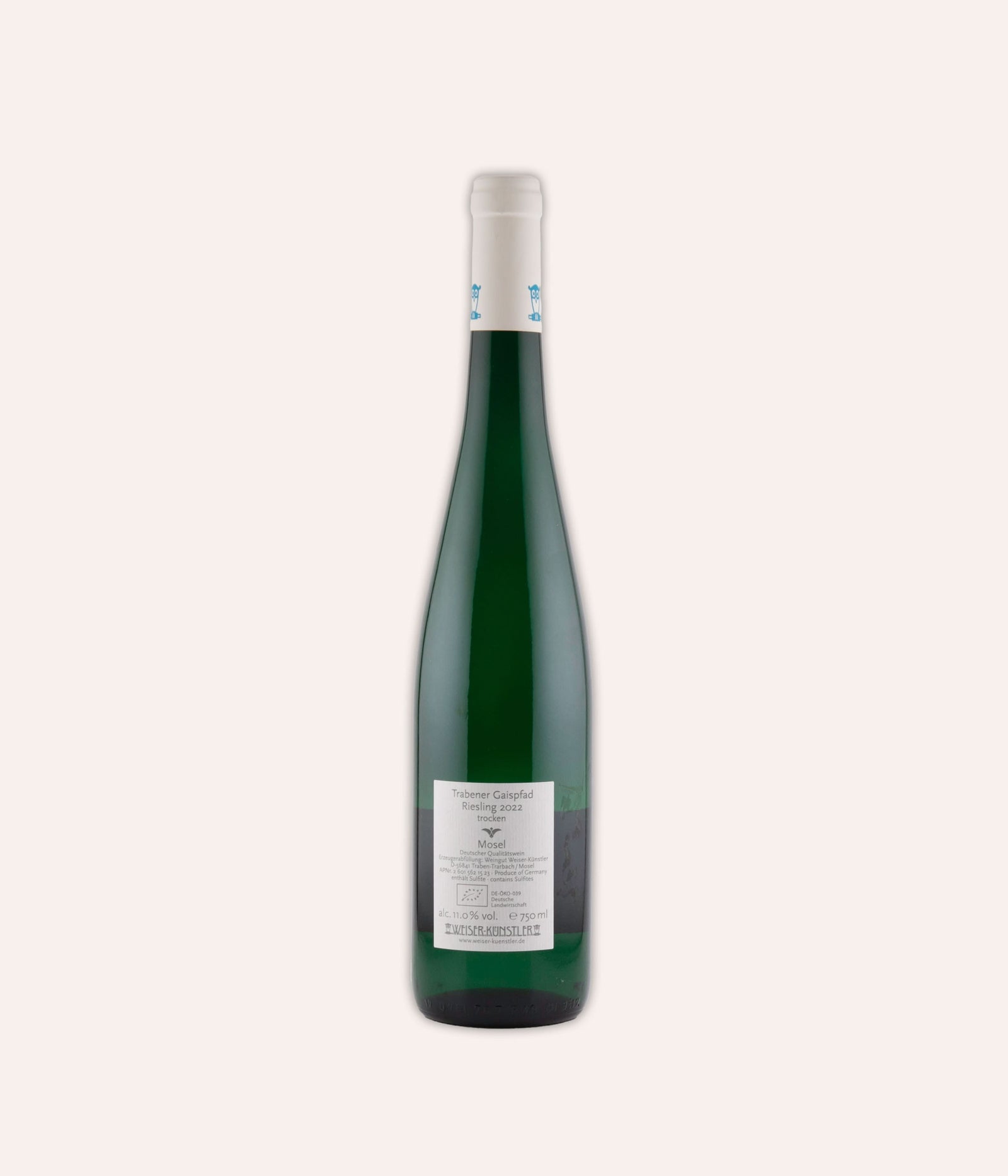 Weinflasche Weiser-Künstler – Riesling Gaispfad 2022 – Mosel, Eulen-Logo, Weiser-Künstler